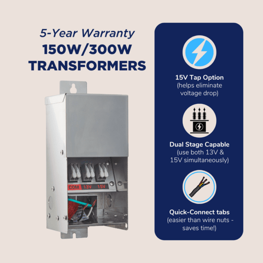 Blue Square Vivid Light Transformer 13V & 15V Taps, 150W, 5Yr Wty, Dual Stage Capable, QC Tabs